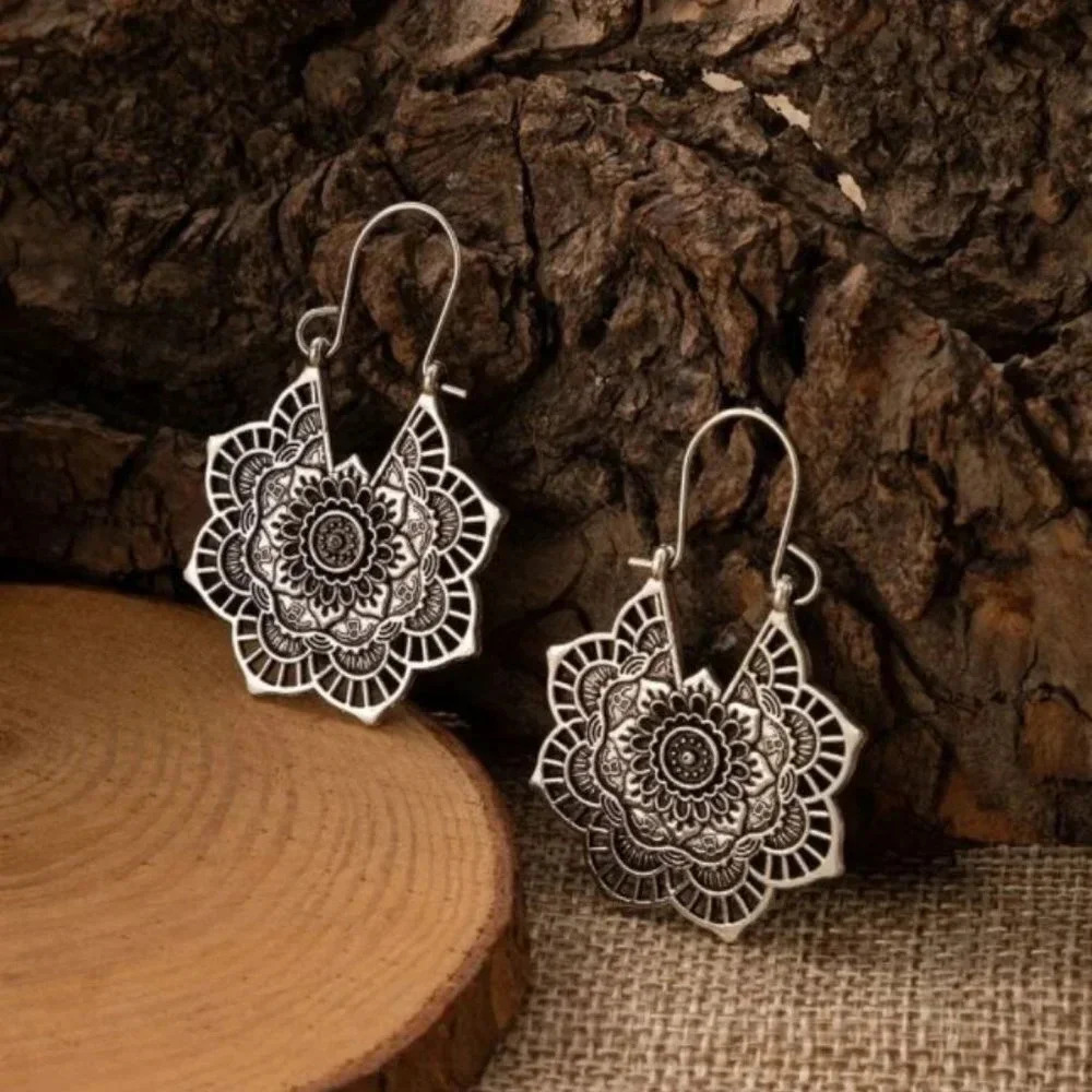 Sterling Silver Vintage Ethnic Flower Boho Hoop Earrings